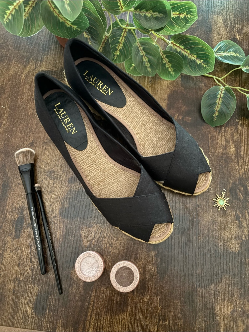 Ralph Lauren Black Espadrille Peep-Toe Wedge Flats
